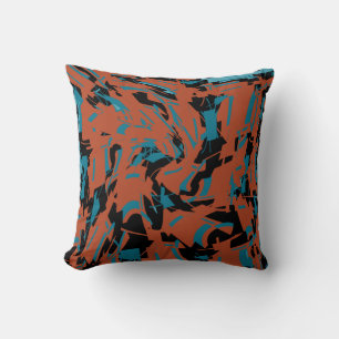 Rust Red Turquoise on Black Small Shapes Print Throw Pillow