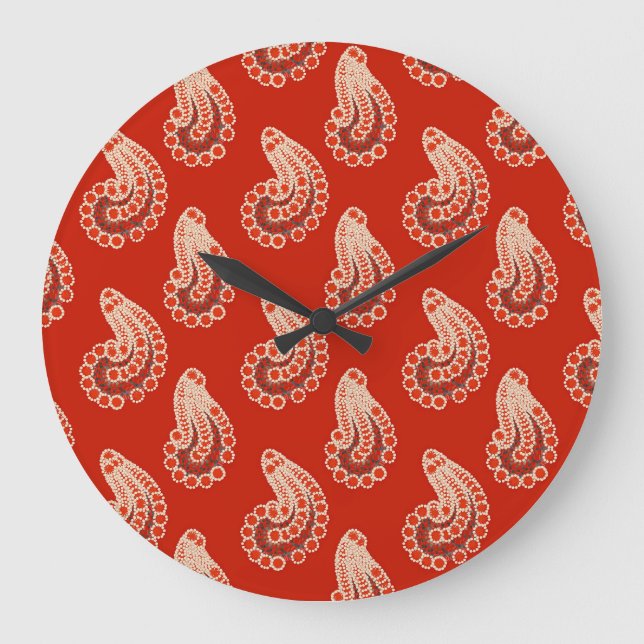 Rust red, white and grey paisley large clock (Front)