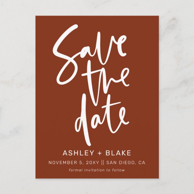 Rust Simple Handwritten Calligraphy Save the Date Announcement Postcard (Front)