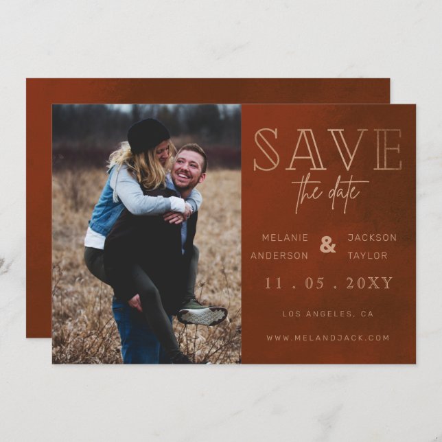 Rust Stylish Handwritten Photo Save the Date (Front/Back)