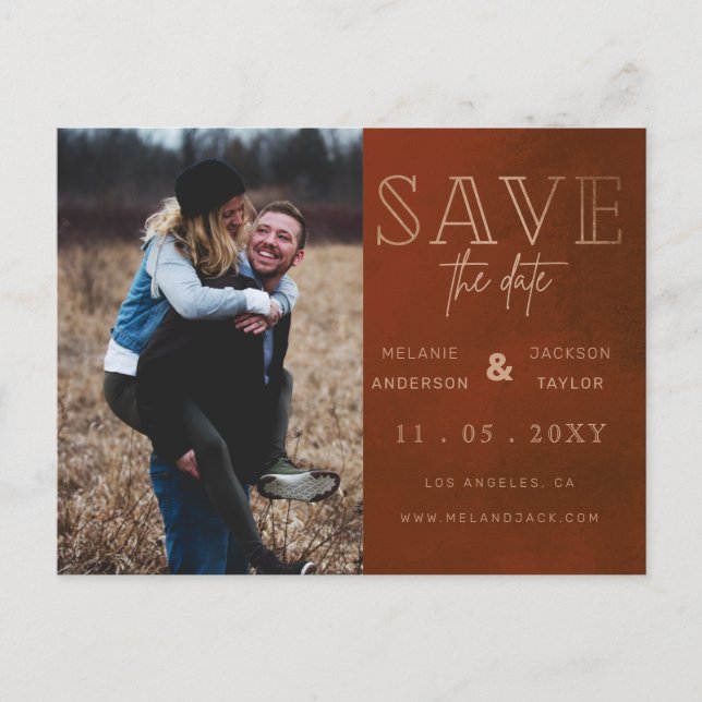 Rust Stylish Handwritten Photo Save the Date Announcement Postcard (Front)