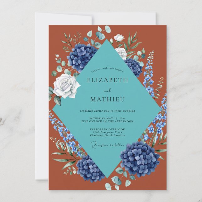 Rust Teal Hydrangea Eucalyptus Wedding Invitation (Front)