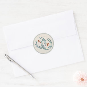 Rust Teal Western Horseshoe Wedding Monogram Classic Round Sticker