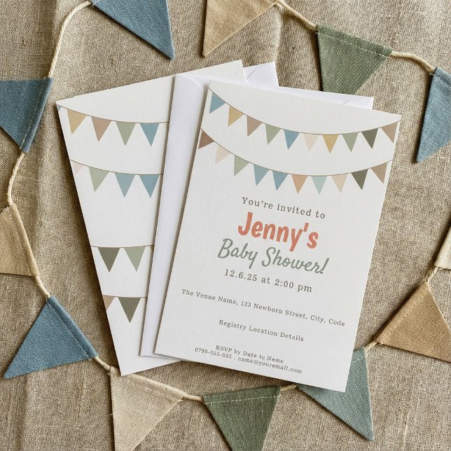 Rust Terracotta and Sage Green Bunting Baby Shower Invitation (Rust Terracotta and Sage Green Bunting Baby Shower Invitation.)