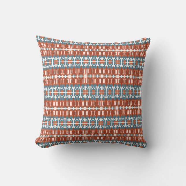 Rust Terracotta Blue Horizontal Small Tiles Design Throw Pillow (Front)