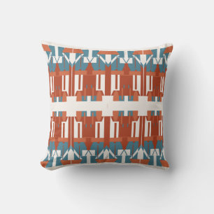 Rust Terracotta Blue Horizontal Symmetrical Design Throw Pillow