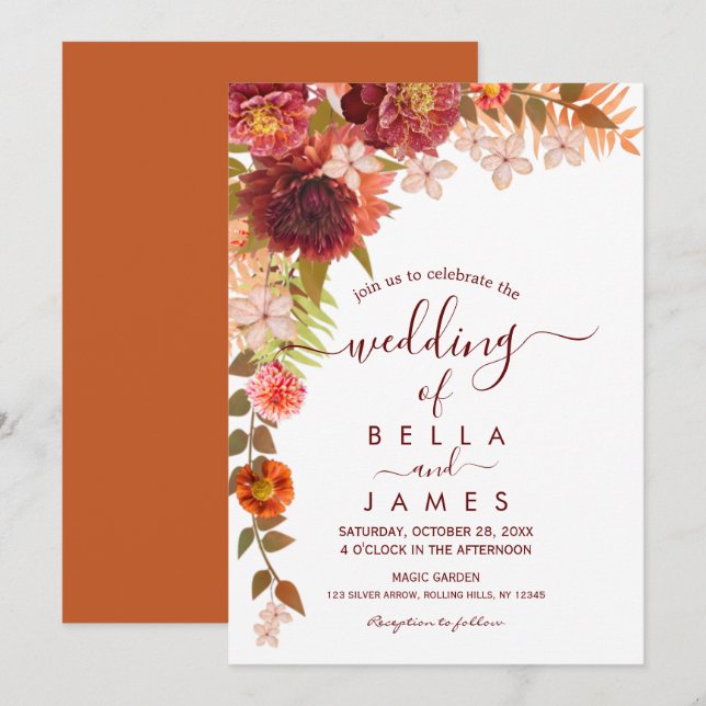 Rust Terracotta Boho Faire-part de mariage Floral (Devant / Derrière)