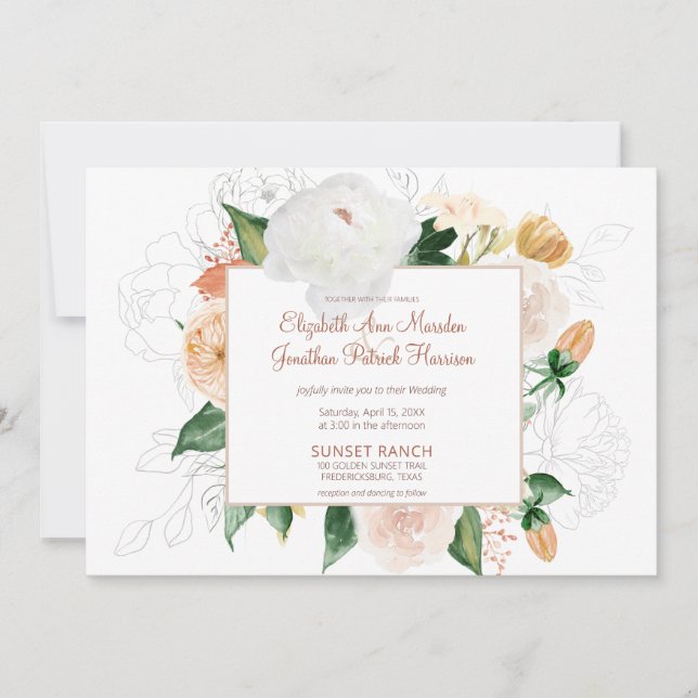 Rust Terracotta Champagne White Floral Wedding Invitation (Front)