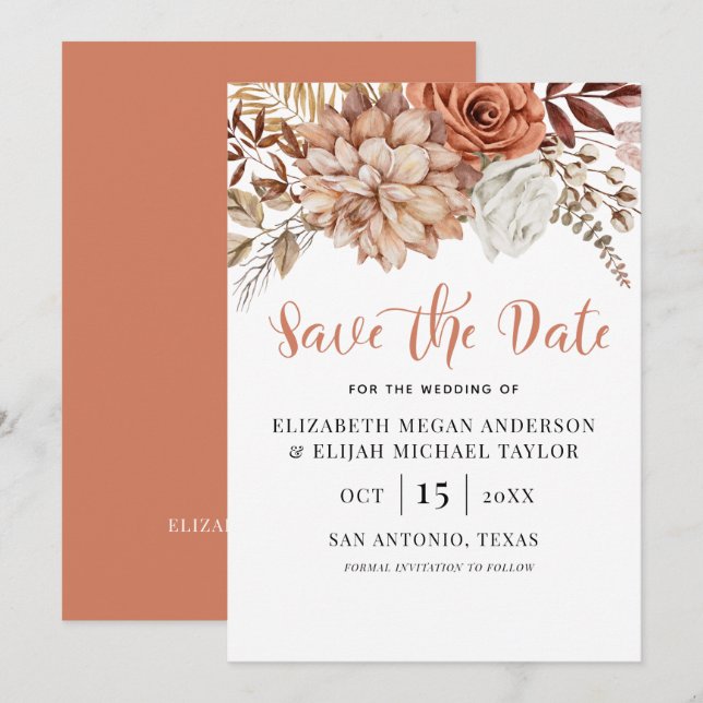 Rust Terracotta Fall Boho Floral Save the Date Invitation (Front/Back)