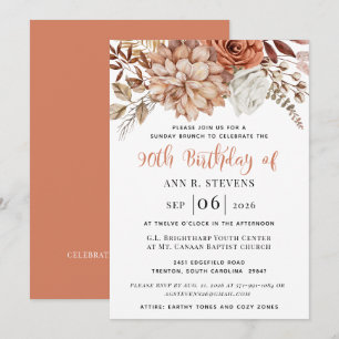 Rust Terracotta Fall Floral 90th Birthday Invitation