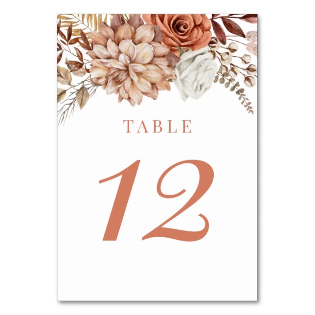 Rust Terracotta Fall Floral Wedding Table Number (Front)
