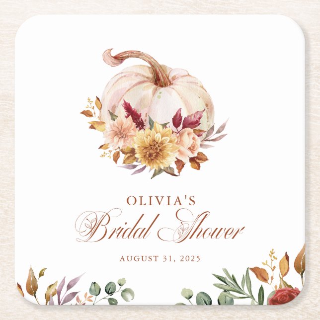 Rust Terracotta Floral Pampas Grass and Pumpkin Square Paper Coaster (Front)