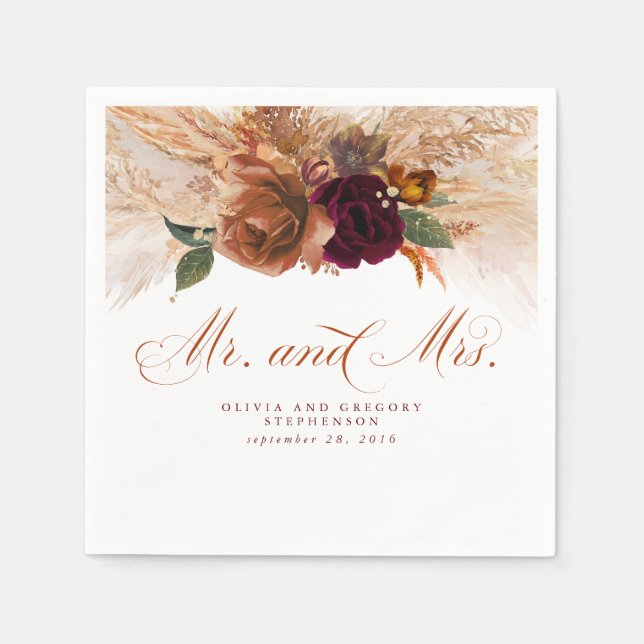 Rust Terracotta Floral Pampas Grass Wedding Napkin (Front)