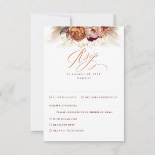 Rust Terracotta Floral Pampas Grass Wedding RSVP Card