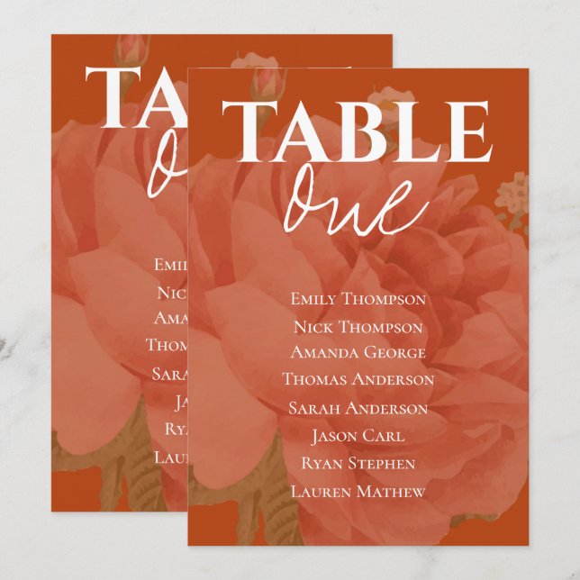 Rust Terracotta Floral Wedding Table Seating Chart (Front/Back)