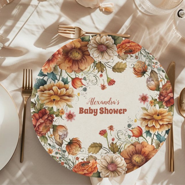 Rust Terracotta Flowers Baby Shower Paper Plate (Creator Uploaded)