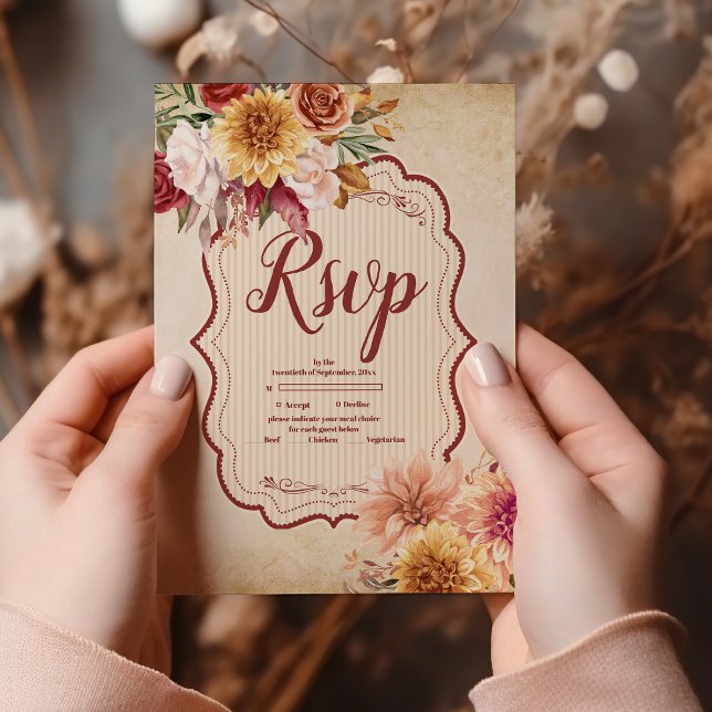 Rust Terracotta Flowers Burnt Orange Fall Wedding RSVP Card (Creator Uploaded)