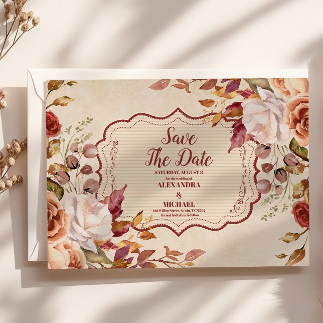 Rust Terracotta Flowers Burnt Orange Fall Wedding Save The Date (Creator Uploaded)