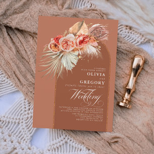 Rust Terracotta Flowers Pampas Grass Boho Wedding Invitation