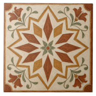 Rust Terracotta Geometric Floral Star Medallion Tile