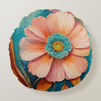 Rust, Turquoise and Peach Flowers Round Pillow