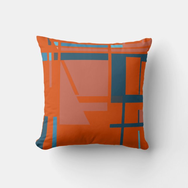 Rust Turquoise Blue on Bright Orange MCM Look Throw Pillow (Front)