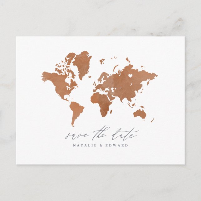 Rust watercolor world map wedding announcement (Front)