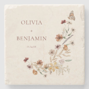 Rust Wildflower Boho Personalized Wedding Keepsake Stone Coaster