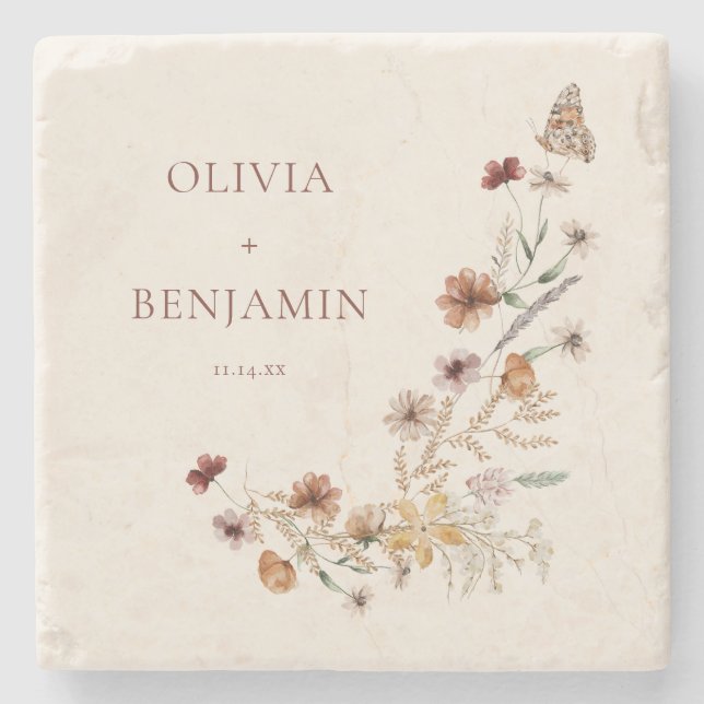 Rust Wildflower Boho Personalized Wedding Keepsake Stone Coaster (Front)