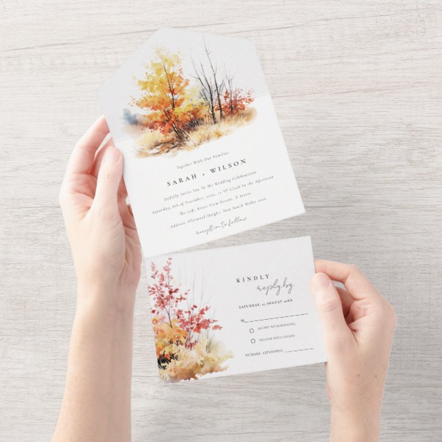 Rust Yellow Autumn Fall Landscape Plaid Wedding All In One Invitation (Tearaway)