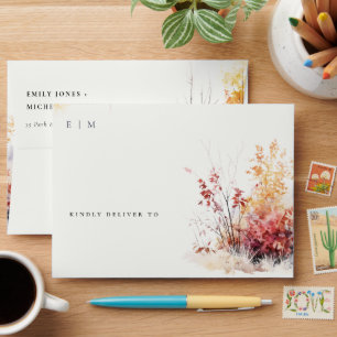 Rust Yellow Autumn Fall Landscape Plaid Wedding Envelope