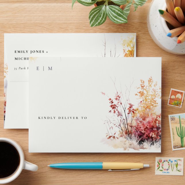 Rust Yellow Autumn Fall Landscape Plaid Wedding Envelope (Desk)