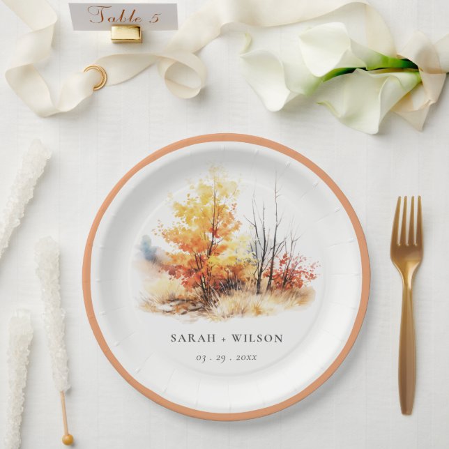 Rust Yellow Autumn Fall Landscape Plaid Wedding Paper Plate (Wedding)