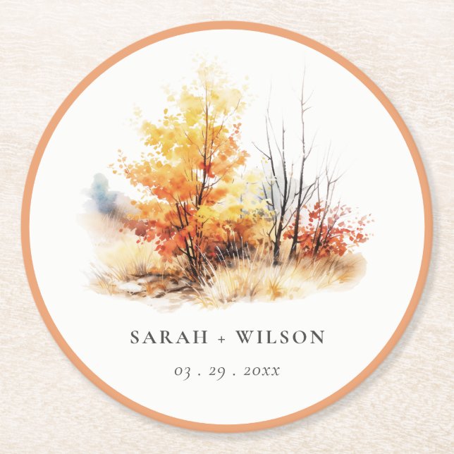 Rust Yellow Autumn Fall Landscape Plaid Wedding Round Paper Coaster (Front)
