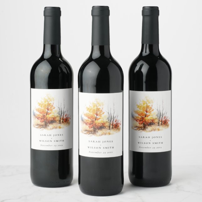 Rust Yellow Autumn Fall Landscape Plaid Wedding Wine Label (Bottles)