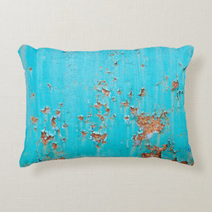 Rusted blue painted metal wall. Detailed photo tex Accent Pillow