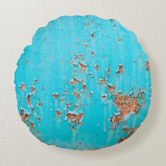 Rusted blue painted metal wall. Detailed photo tex Round Pillow