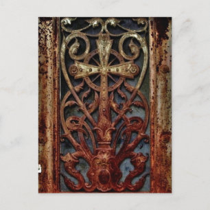 Rusted gothic crypt door postcard