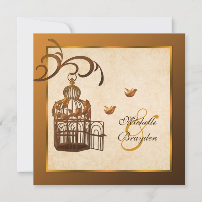 Rusted Iron Birdcage and Lovebirds Wedding Invite (Front)
