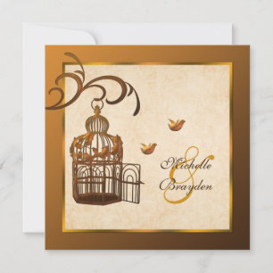 Rusted Iron Birdcage and Lovebirds Wedding Invite