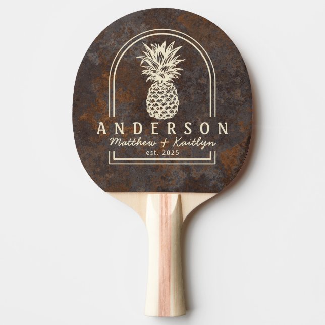 Rusted Metal Sheet Pineapple Wedding Arch & Name Ping Pong Paddle (Front)