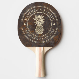 Rusted Metal Sheet Pineapple Wedding Crest & Names Ping Pong Paddle