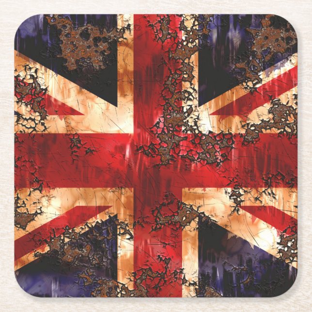 Rusted Patriotic United Kingdom Flag Square Paper Coaster (Front)
