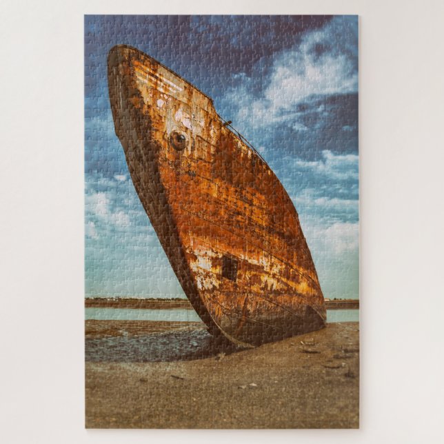 Rusted Shipwreck beached or stranded on a beach Jigsaw Puzzle (Vertical)