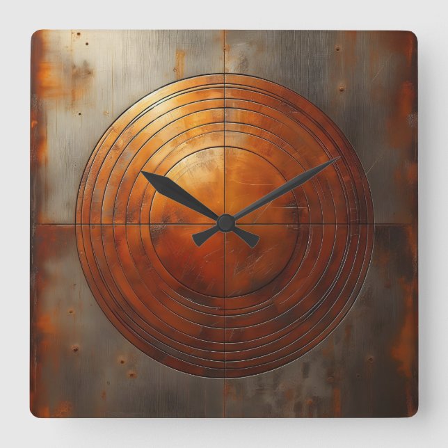 rusted steel circle square wall clock (Front)