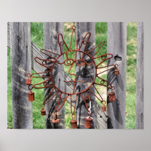 Rusted Wire Sun Face Lawn Decoration On Fence