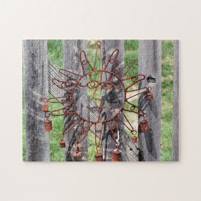 Rusted Wire Sun Face Lawn Decoration On Fence Jigsaw Puzzle (Horizontal)