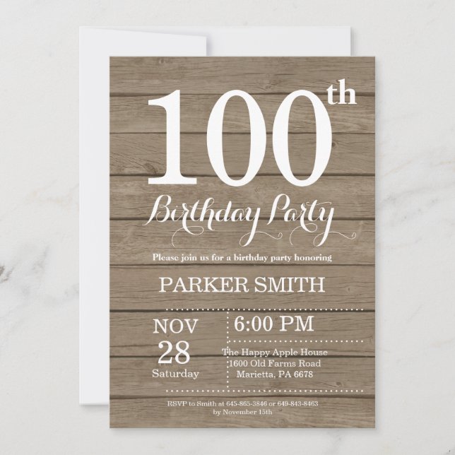 Rustic 100th Birthday Invitation (Front)