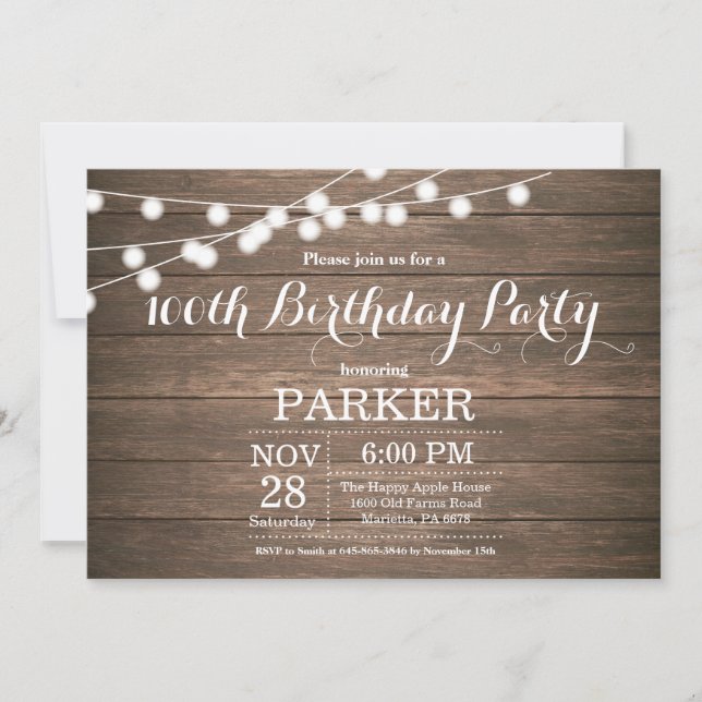 Rustic 100th Birthday Invitation Wood (Front)