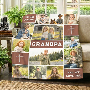 Rustic 12 Photo Custom Grandpa Name Faith Legacy Fleece Blanket